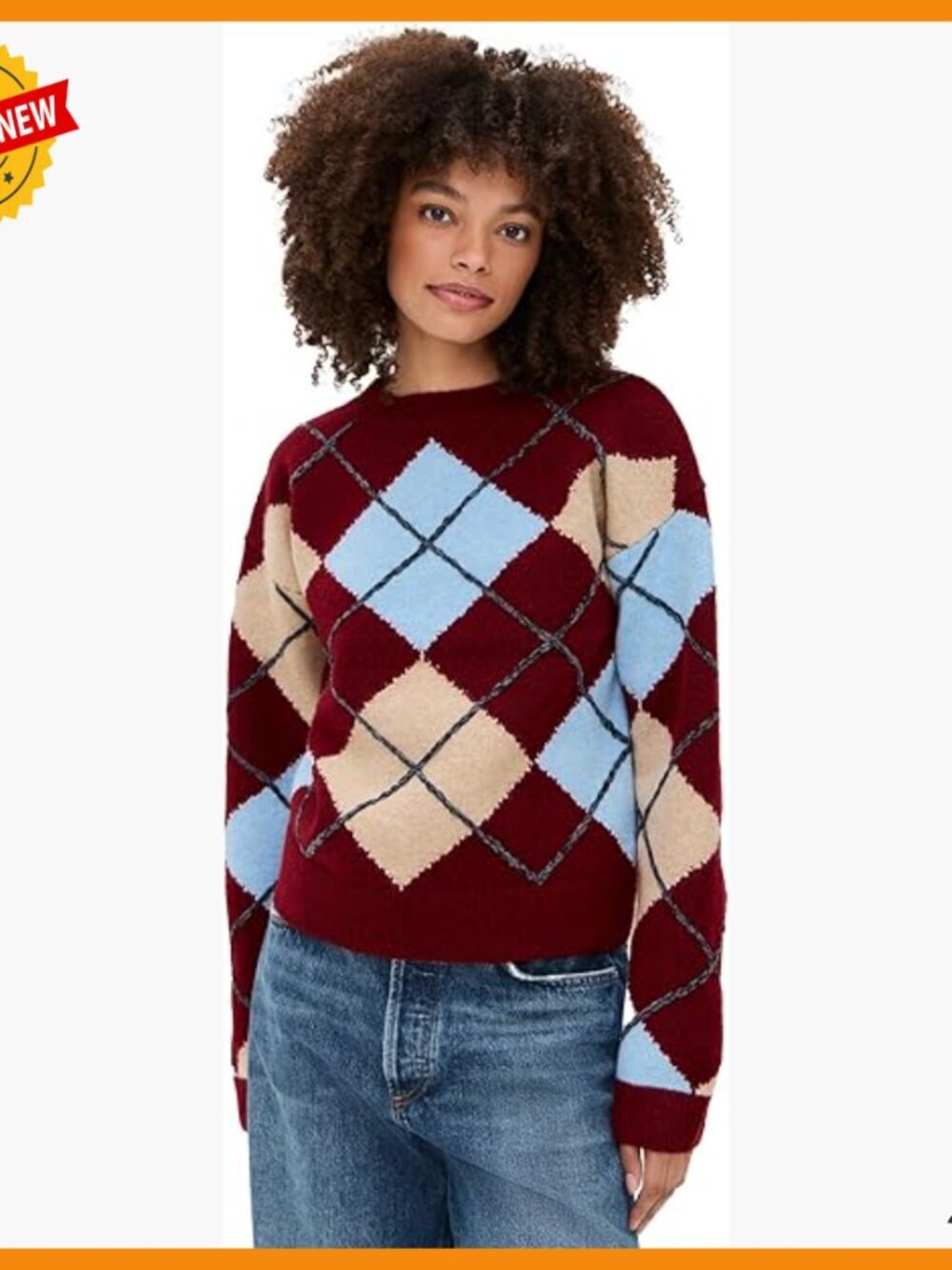 Women's Argyle Sweater, Crew Neck Pullover, Chenille Embroidery, Ribbed Trim